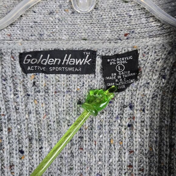 Vtg Golden Hawk Men's Sz L Cardigan Sweater Speckled Gray Wool Blend V-Neck - Picture 3 of 4